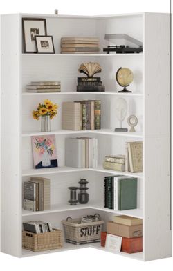 Corner Bookshelf, 6 Tiers Corner Bookcases with Baffles Etagere Shelf Storage Rack for Living Room Home Office, White