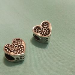 Two Silver Mickey And Minnie Mouse Heart Beads