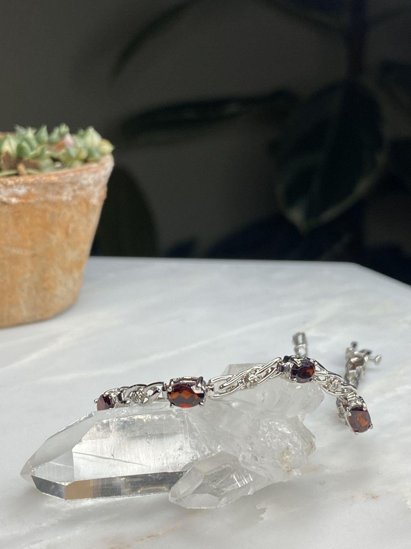 Real 10kt White Gold Garnet & Diamond Bracelet