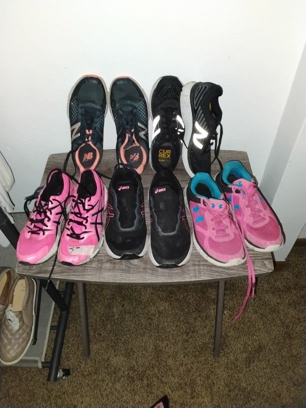 2 Pair New balance, 2 Pair Asics, And One Pair Under Armour