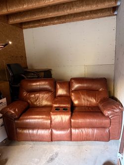 Brown Leather Reclining Loveseat with Console