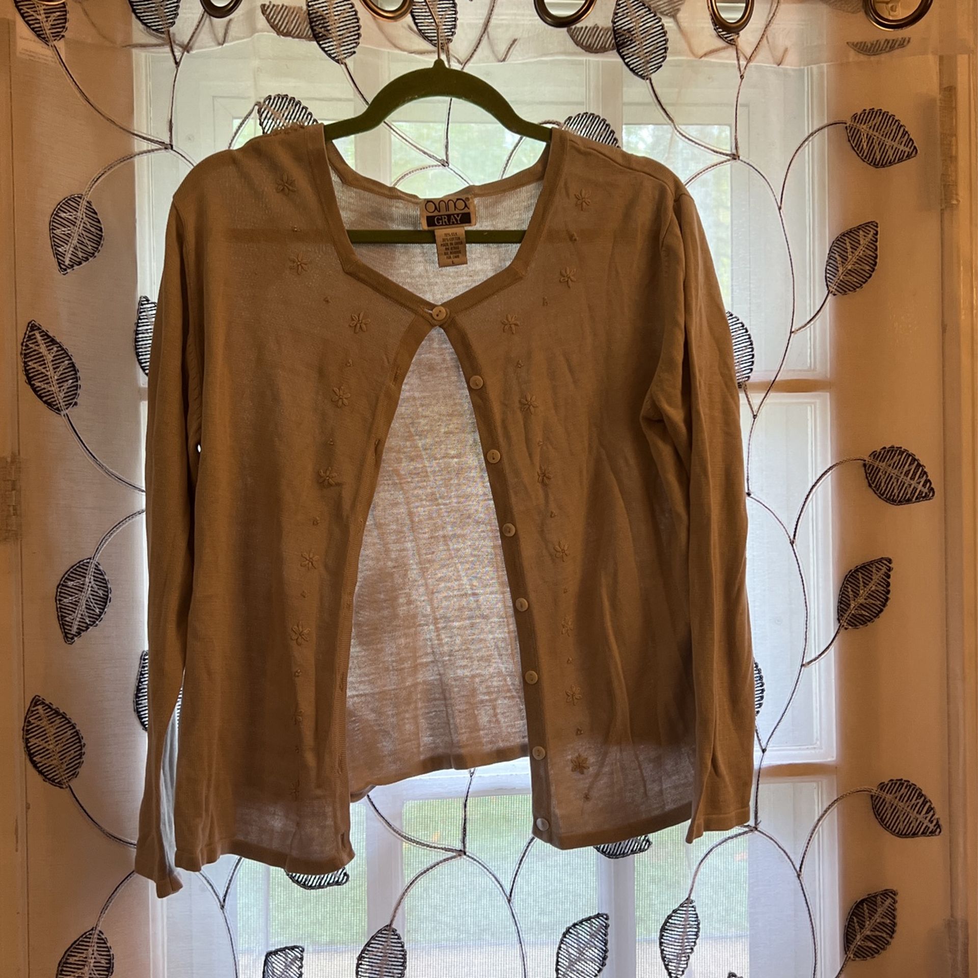 Tan Cardigan With Embroidered Flowers