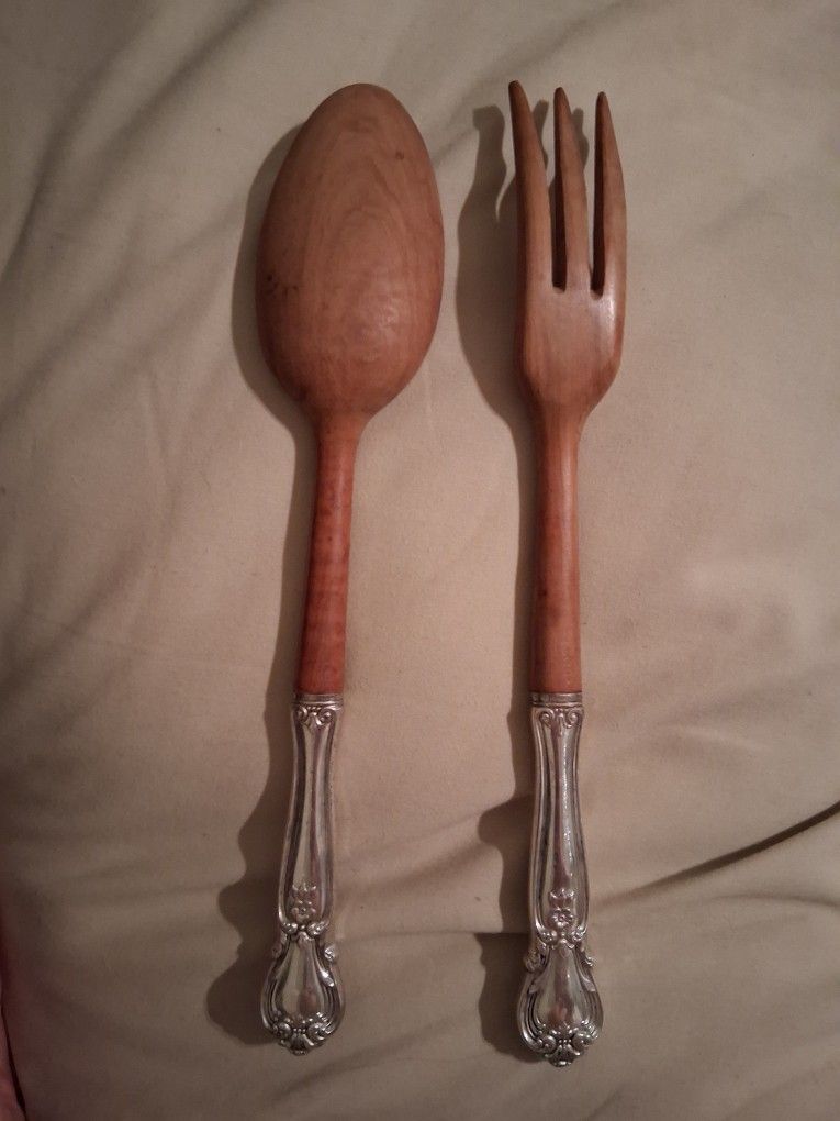 Sterling Silver And Teak Salad Utensils