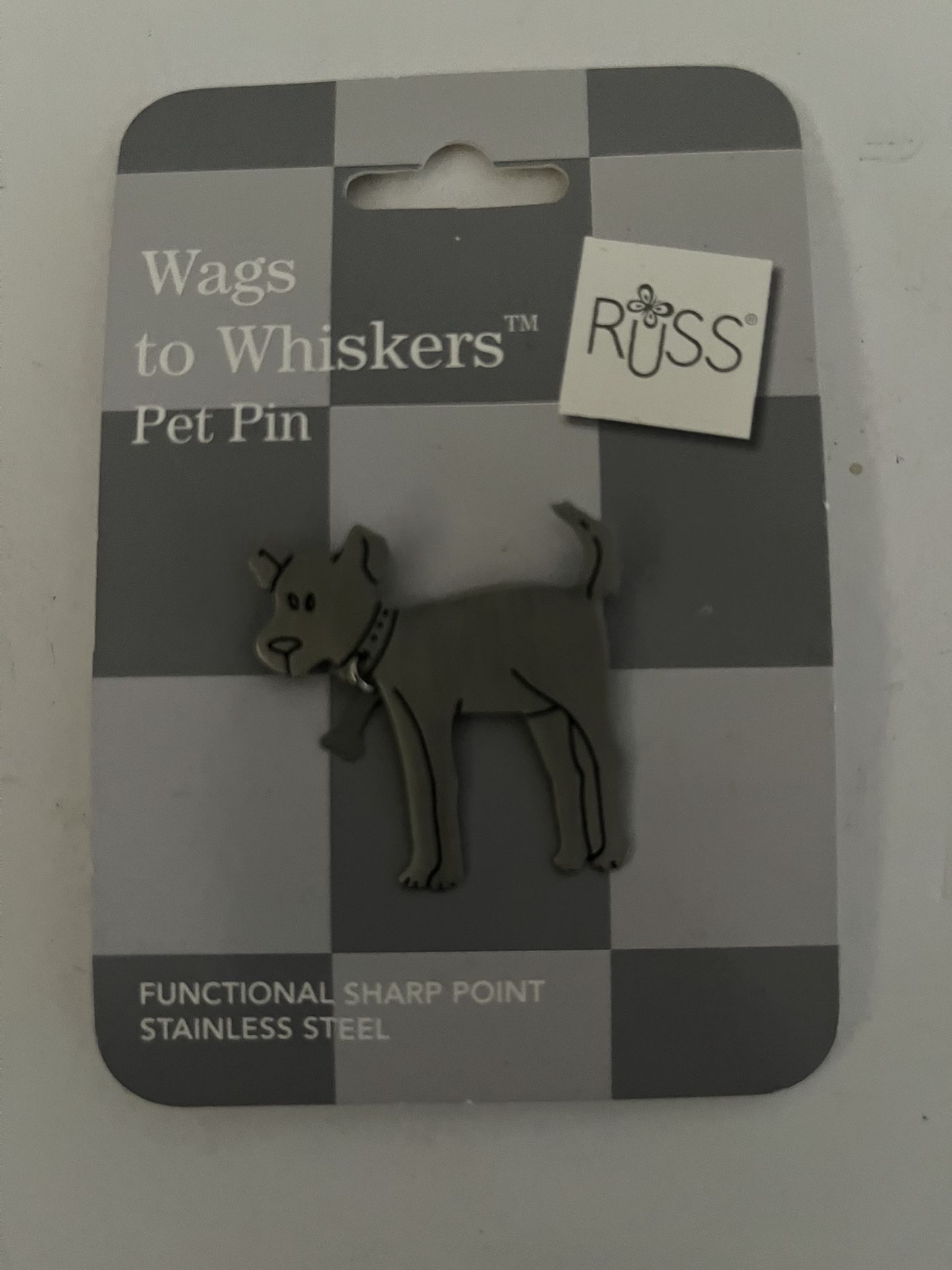 NEW/tags Wags to Whiskers Pet Pin RUSS 1.5" stainless steel dog W/ Bone Pin