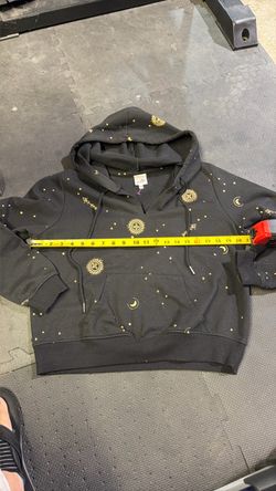 Black Cropped Hoodie with Gold Celestial Print