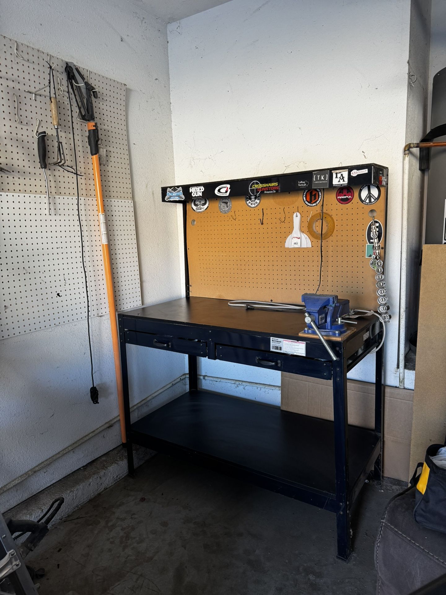 48” Steel Workbench with Pegboard, Drawers, and Light + FORGE Bench Vise