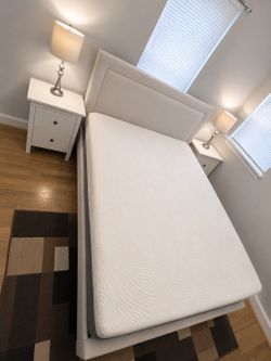Queen bed frame, headboard and mattress
