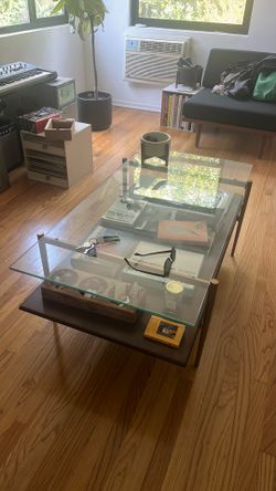 CB2 Coffee Table, glass top with shelf for books, MCM style