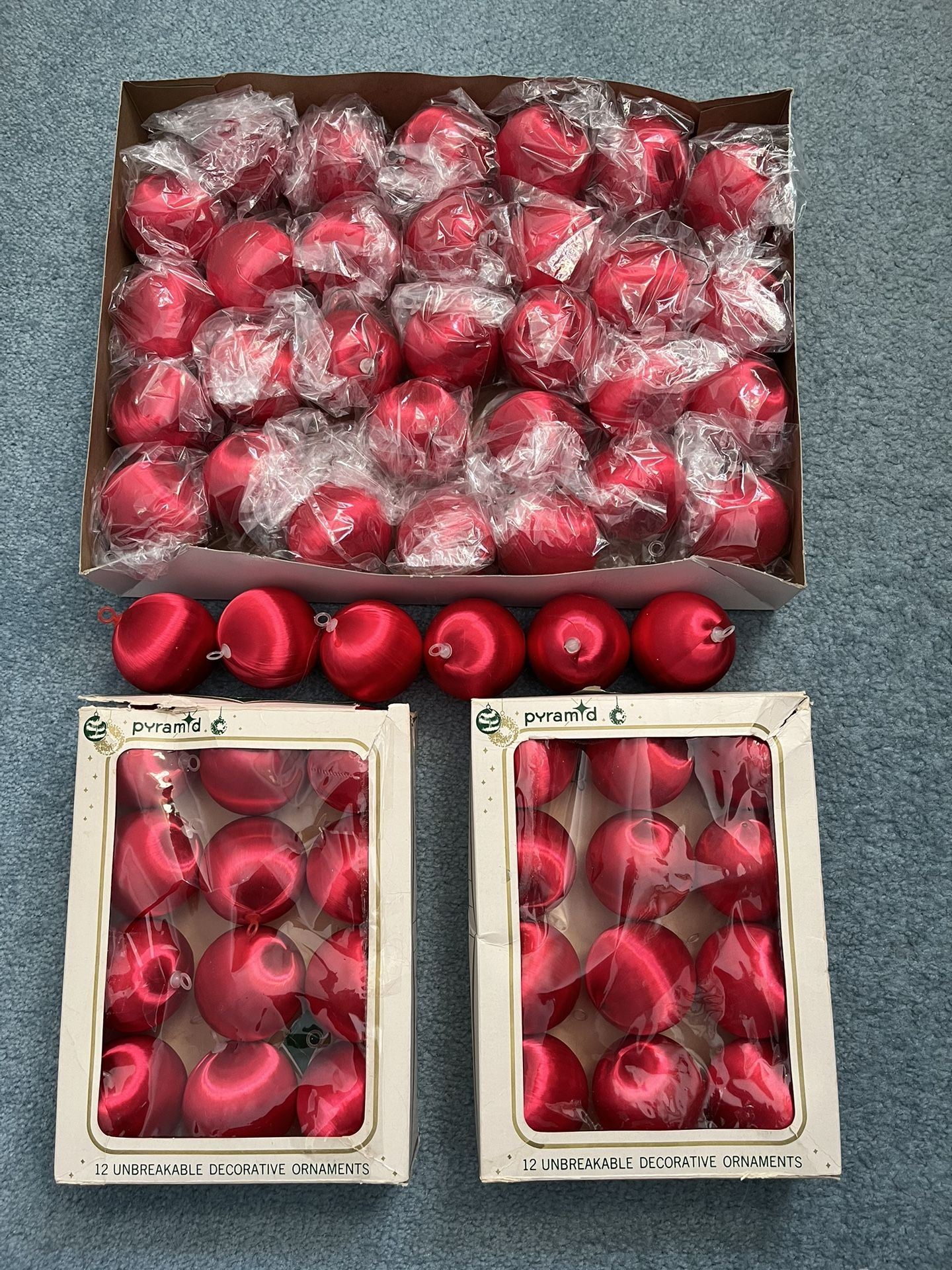 60 Vintage Red Satin Christmas Balls From Pyramid