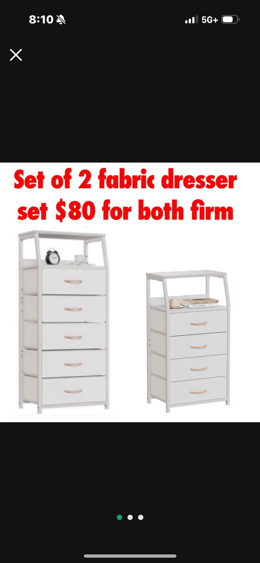 New in box both fabric drawers 1 is 5 drawer the other is 4 drawer see pics for description $80 for both firm no lower cash only pick up east Palmdale