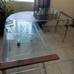 Glass L Shape Desk With Two Glass Monitor Stands 