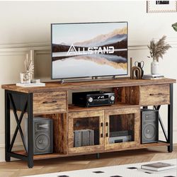ALLSTAND Tall TV Stand for 65 70 Inch TV, Entertainment Center with Fabric Drawers & Cabinets, Industrial Gaming Console Table with Soundbar Shelf for