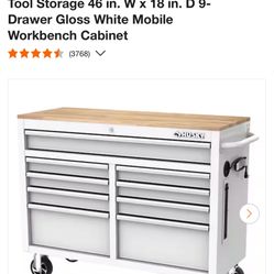 Husky Tool Storage 46 in. W x 18 in. D 9- Drawer Gloss White Mobile Workbench Cabinet