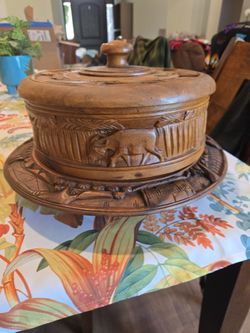 Vintage Tiki Cake Stand / Lazy Susan Hand Carved Wood