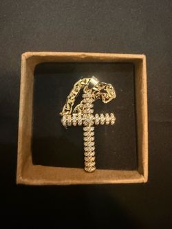 18k Yellow Gold Filled Figaro Chain Necklace w Moissanite Diamond Cross Pendant