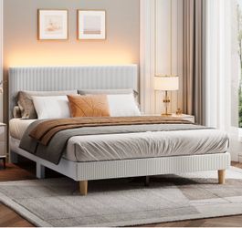 Bestier Upholstered Queen BedFrame with platform with LED light, Solid wood slate, No Box spring Needed