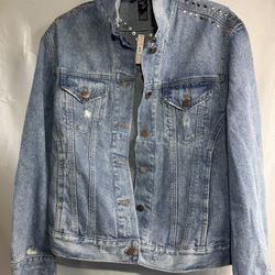 Victorias Secret Jean Jacket Size XS Rose Gold Stud Trim Distressed Denim