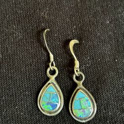 Sterling Silver Opal & Turquoise Color Dangle Earrings  Small