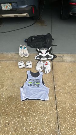 Lacrosse gear size, large extra large elbow, pads, gloves, chest pads, cleats, and a penny