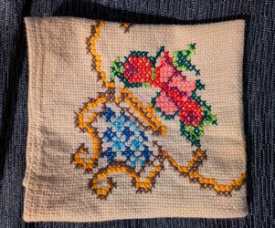 Hand Embroidered Floral Cross Stitch Linen Square Pink Blue Gold 10.5 x 10.5