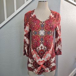 Chico's - ladies 3-4 sleeve rayon spandex colorful orange top - size 0 (S)