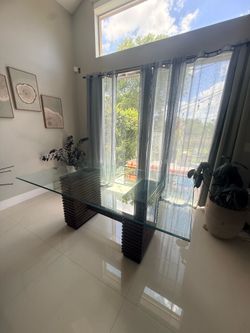 Modern Glass Dining Table with Wood Base