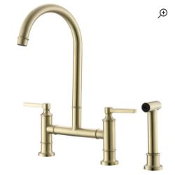 Felixbath Kitchen Bridge Faucet With Side Sprayer Brushed Gold 2-handle 3-hole Mount 8in Spread New