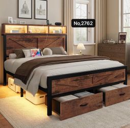 Queen Bed Frame with Storage Drawers, Farmhouse LED Bed Frame Queen Size with Barn Door Headboard and Charging Station, Metal Industrial Platform Bed