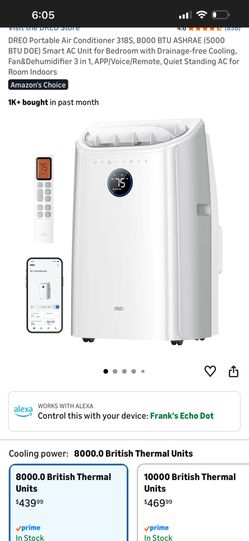 DREO Portable Air Conditioners, 8000 BTU ASHRAE (5000 BTU DOE) Smart AC Unit For Bedroom With Drainage-Free Cooling, 45dB Quiet, APP/Voice/Remote, Por