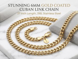 NEW 27 Inch 6mm Gold Coated Cuban Chain Necklace | 316L Stainless Steel Heavy Duty Curb Link