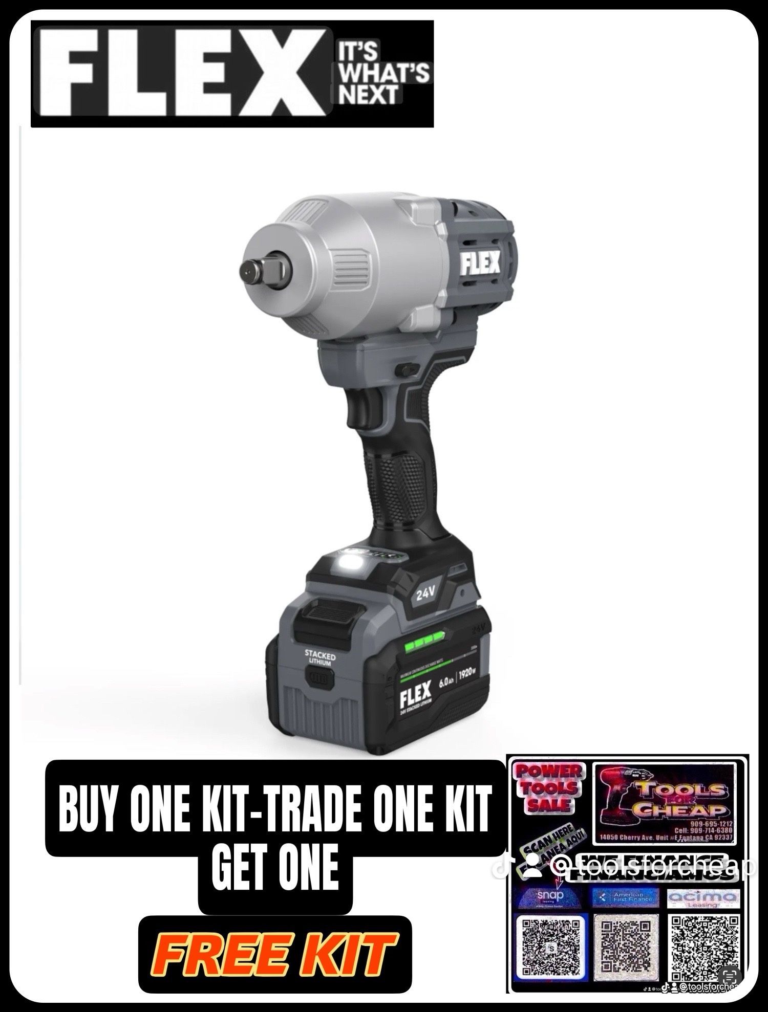 FLEX 1/2" HIGH-TORQUE IMPACT WRENCH STACKED LITHIUM KIT $349. Buy one kit/Trade one kit/Get FREE kit
