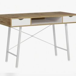 47” Modern Writing Desk with Drawers – Wood & White Metal Legs