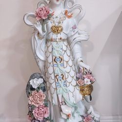 38"  Tall--Vintage Porcelain Statue of Guan Yin Goddess with Flowers; Ceramic Chinoiserie Guanyin Porcelain.
