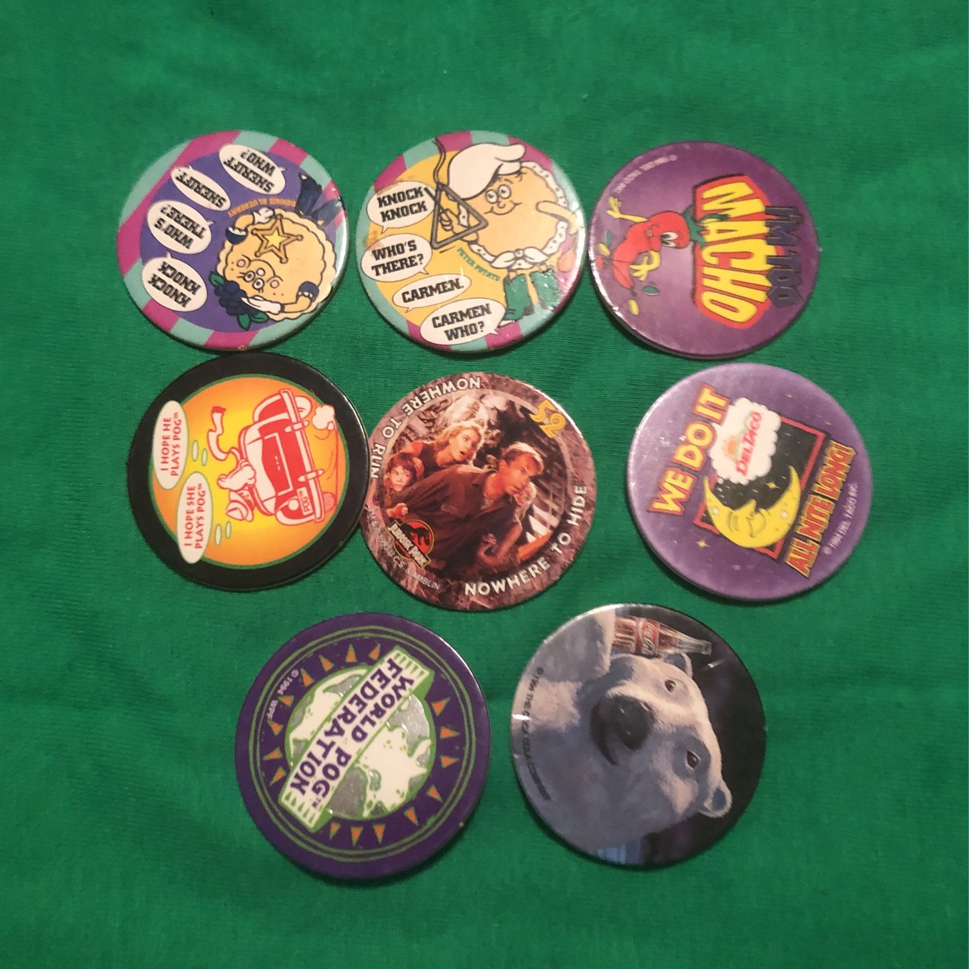 90s / 1990s Pogs (8 Bulk) Del Taco IHOP Jurassic Park Coca-Cola World POG Federation Lot Vintage Collecter’s Item Tradeable Toy Game Happy Meal Kids