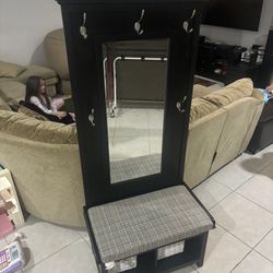 Mirror coat rack bench storage entry way mud room 