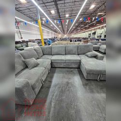 4 - Piece Gray Corduroy Convertible Sectional Sofa Set