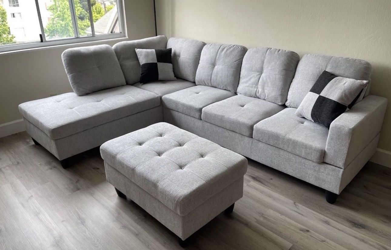 Gray Linen Sectional Couch And Ottoman