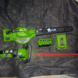 Greenworks Leaf Blower, Hedge Trimmer, Battery, And Charger 