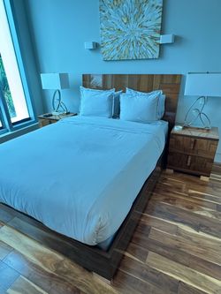 Gorgeous Italian Modern Walnut Platform Bed Frame with Night Stands - Retail: $3200
