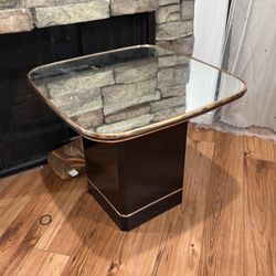 80s mirror side table black w golden trim
