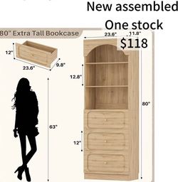 😀 Cyclysio 80" Bookshelf with 3 Drawers & 3 Open Shelves, Natural Extra Tall Arched Bookcase with Baseboard Cutout, Wooden Pantry Storage Shelf for L