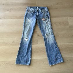 Abercrombie & Fitch Embroidered Flare Jeans Y2K Boho Distressed Size 4