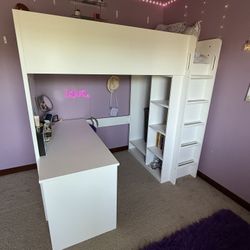 Loft bed frame, desk and storage, white, Twin