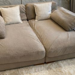 Modular Corduroy Chaise Sectional Sofa - Beige/Taupe, Converts to Two Loungers, Like New