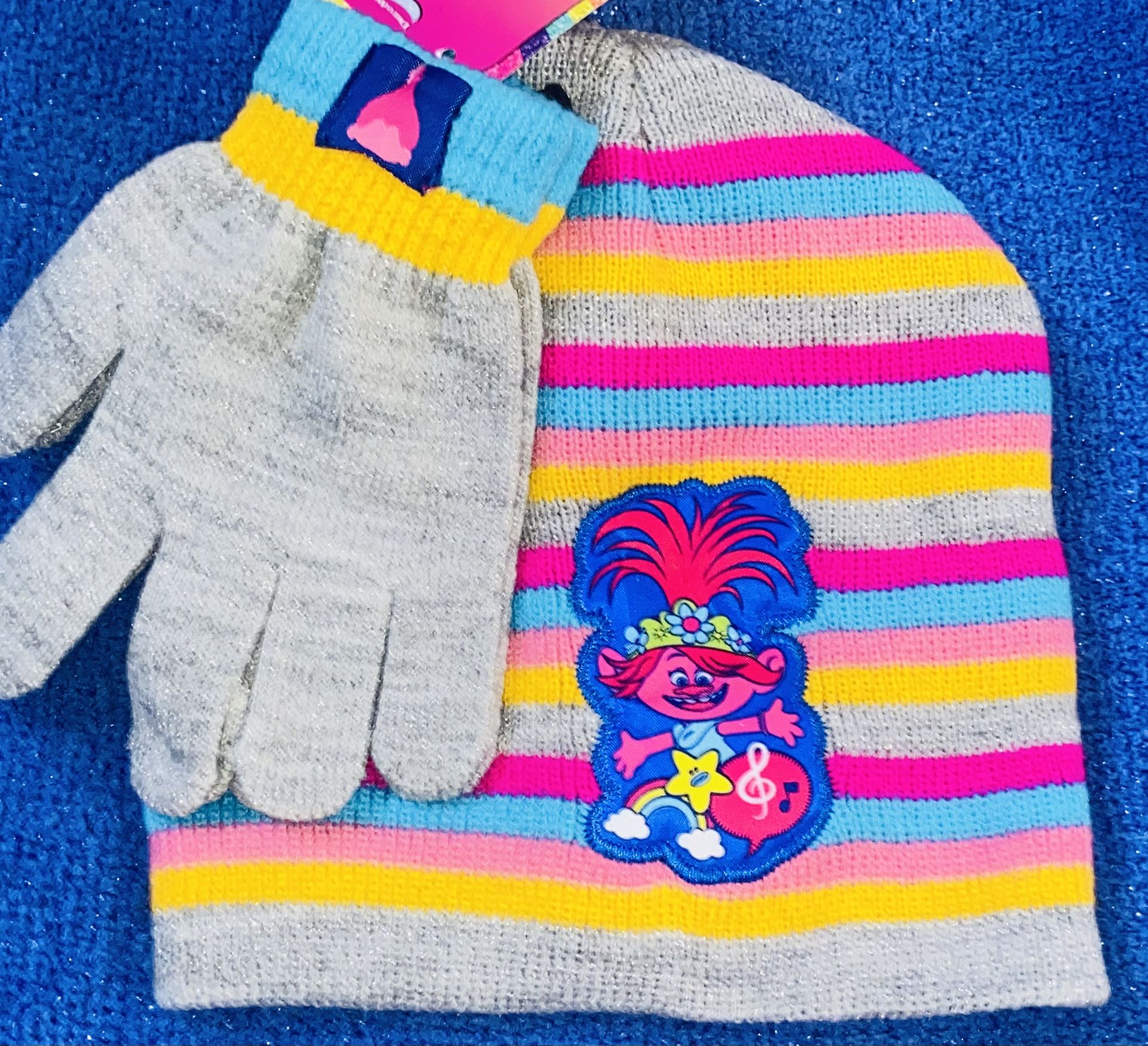 GIRLS✨💕🎉❄️💜🧬💛🦋TROLLS GREY W: BRIGHT✨COLORFUL🌈STRIPES TROLL GRAPHIC MATCHING HAT & GLOVES🧤SET