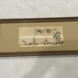 Contemporary ink wash painting of two owls by artist Stafford Wu. 21.5”x 9.5” Including Frame