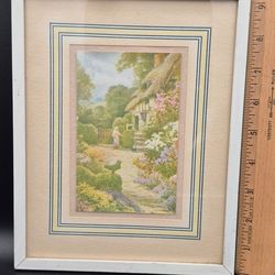 Vintage Framed Watercolor Print English Countryside Cottage