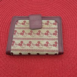 Vintage Disney Burgundy Leather Trim with Mickey Fabric Wallet with Coin Purse 