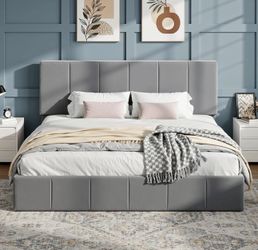 King Size Bed Frame, Velvet Upholstered Platform Bed, Vertical Channel Tufted Adjustable Headboard, Low Profile Bed Frame, No Box Spring Needed, Easy 