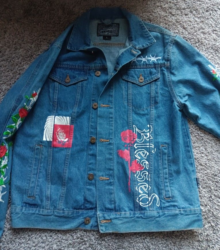 Men's Brooklyn Cloth Blue Denim Jean Blessed Jacket Embroidery w/ Roses